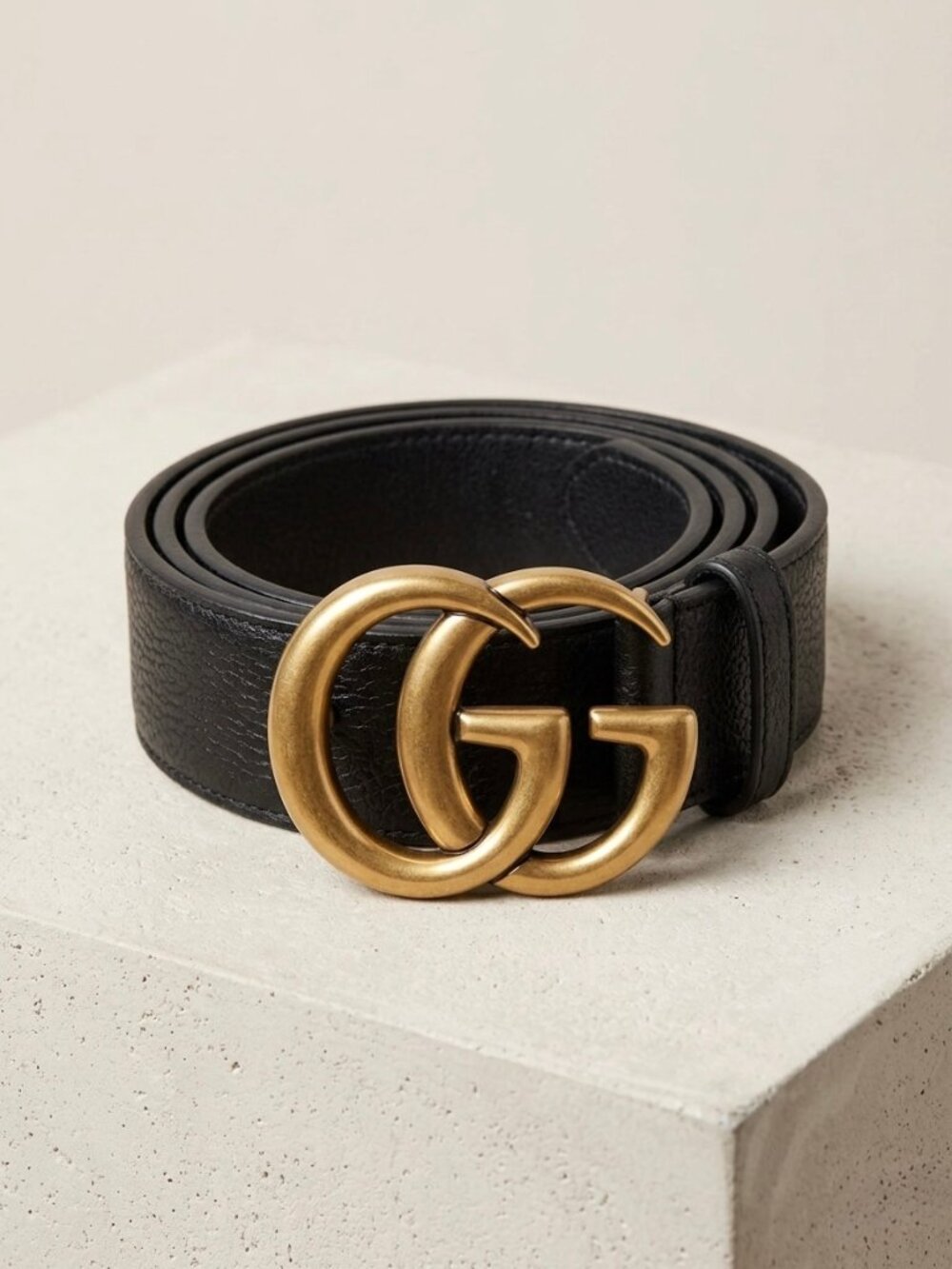 Black Pebbled Leather Fashion Belt Gold Double G Buckle - Size Small